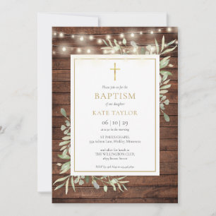 Invitation Lumières en bois rustique pour baptême