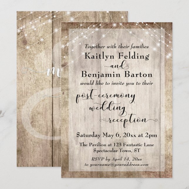 Invitation Lumières en bois rustique pour réception de mariag (Devant / Derrière)