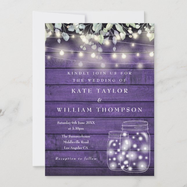 Invitation Lumières en bois rustique violet Mariage Pot Mason (Devant)