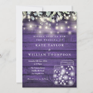 Invitation Lumières en bois rustique violet Mariage Pot Mason
