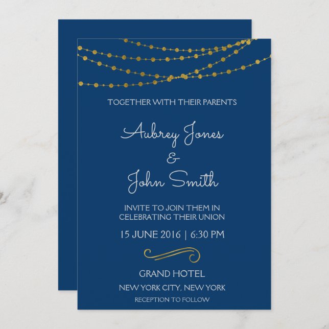 Invitation Lumières et Mariage de script Gold Foil (Devant / Derrière)