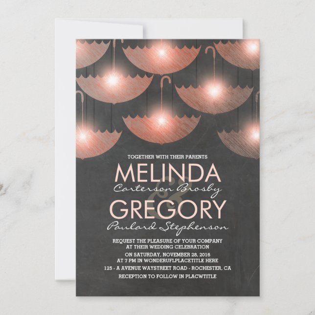 Invitation Lumières et parapluies Tableau de bord rose Mariag (Devant)