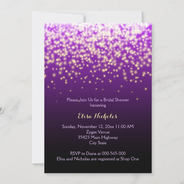 Invitation Lumières étincelantes violet mariage douche nuptia (Devant)