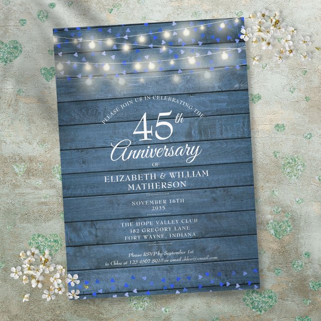 Invitation Lumières féériques en forme de coeurs en bois pour (45th 65th Anniversary String Lights Wood Hearts Invitation)