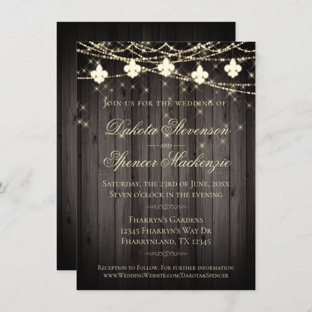 Invitation Lumières Fleur de Lis | Mariage rustique (Devant / Derrière)