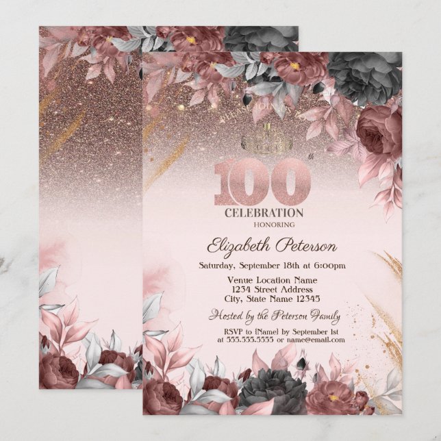 Invitation Lumières, Fleurs Chic Paillettes 100e Anniversaire (Devant / Derrière)