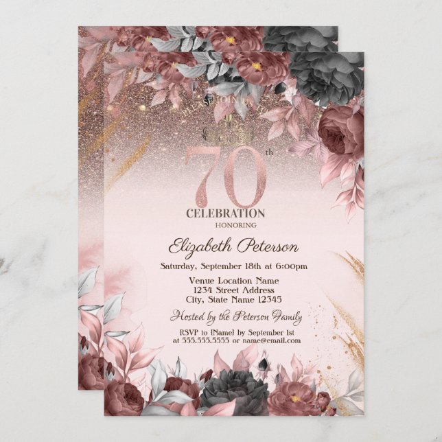 Invitation Lumières, Fleurs Chic Parties scintillant 70e anni (Devant / Derrière)