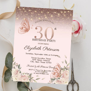 Invitation Lumières,Fleurs Paillettes Papillons 30e Anniversa