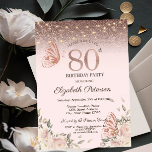 Invitation Lumières,Fleurs Paillettes Papillons 80e Anniversa