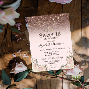 Invitation Lumières, Fleurs Roses Brillant Sweet 16