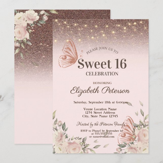 Invitation Lumières, Fleurs roses Parties scintillant Papillo (Devant / Derrière)