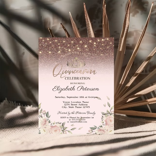 Invitation Lumières, Fleurs roses Quinceañera (Créateur téléchargé)