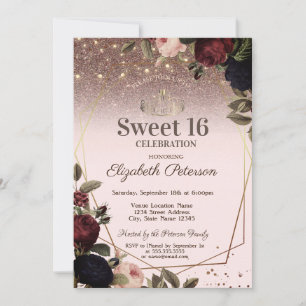 Invitation Lumières, fleurs sombres scintillent Sweet 16