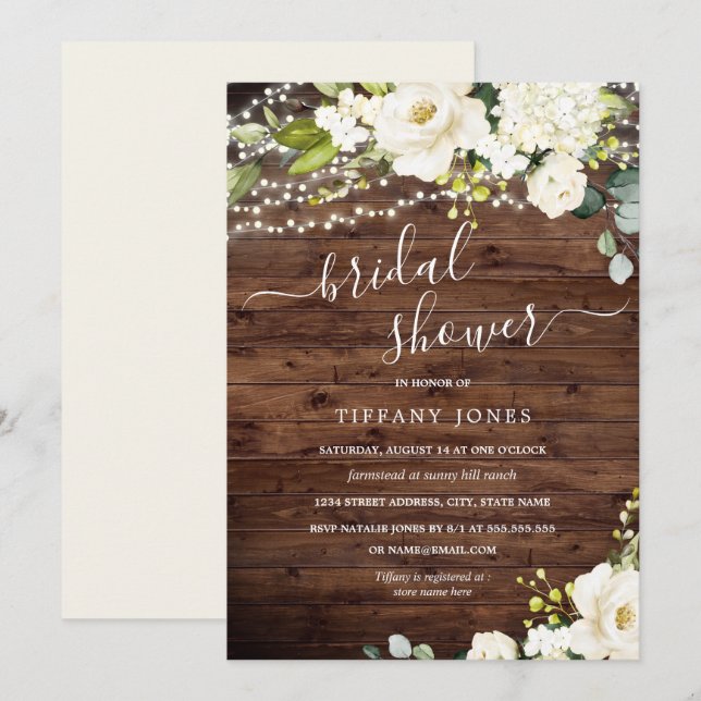 Invitation Lumières Florales Blanches en Bois Rustique pour M (Devant / Derrière)