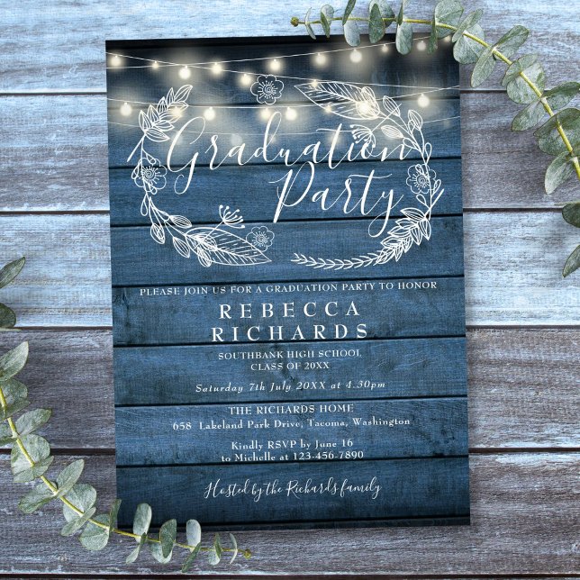 Invitation Lumières Guinguette Bleues Rustiques Fête de Remis (Blue Rustic Wood String Lights Graduation Party Invitation)