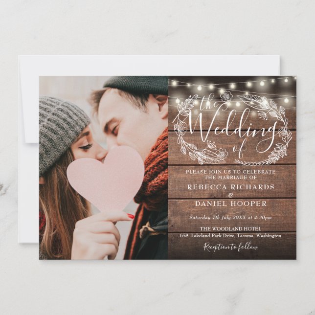 Invitation Lumières Guirlande Bois Rustique Photo Mariage (Devant)