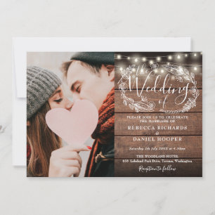 Invitation Lumières Guirlande Bois Rustique Photo Mariage