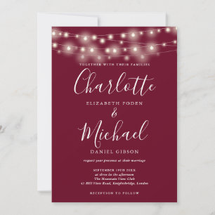 Invitation Lumières Guirlande Bordeaux Élégant Mariage Script