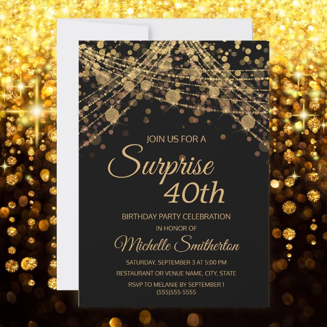 Invitation Lumières Guirlande Or Noir Surprise 40e Anniversai (Créateur téléchargé)