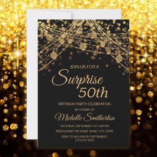 Invitation Lumières Guirlande Or Noir Surprise 50e Anniversai