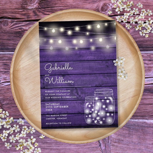 Invitation Lumières Guirlande Pot Mason Rustique Bois Mariage (String Lights Mason Jar Rustic Purple Wood Wedding Invitation)