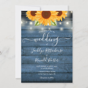 Invitation Lumières Guirlande Tournesols Mariage Bois Rustiqu