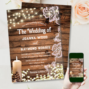 Invitation Lumières Guirlandes Bougies & Dentelle Mariage Enc