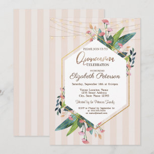 Invitation Lumières Guirlandes Fleurs Rayées Quinceañera 