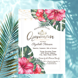 Invitation Lumières Guirlandes Hibuscus Été Quinceañera