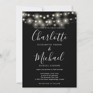 Invitation Lumières Guirlandes Noir Blanc Élégant Mariage Scr