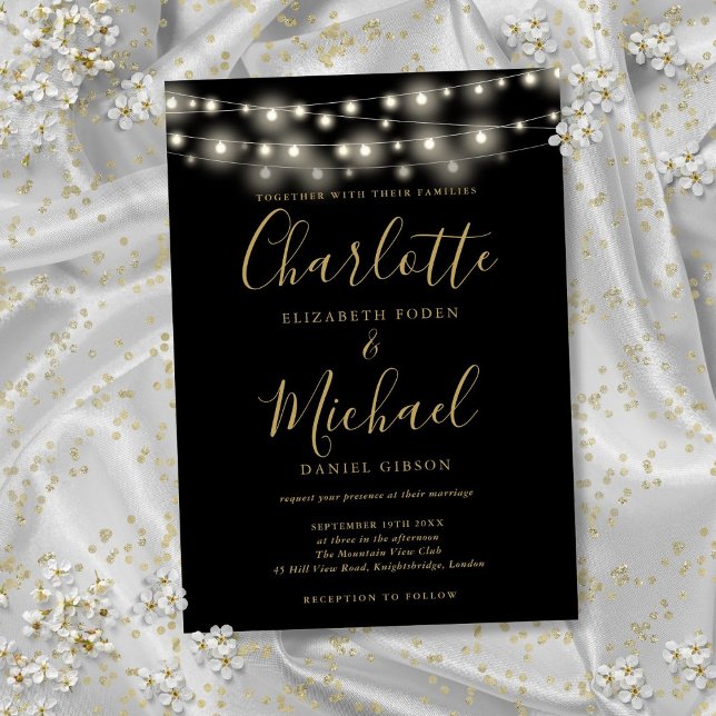 Invitation Lumières Guirlandes Noir Or Élégant Mariage Script (String Lights Black Gold Elegant Script Wedding Invitation)