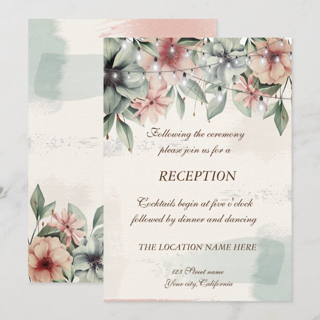 Invitation Lumières Guirlandes,Pinceau, Réception de Mariage  (Devant / Derrière)