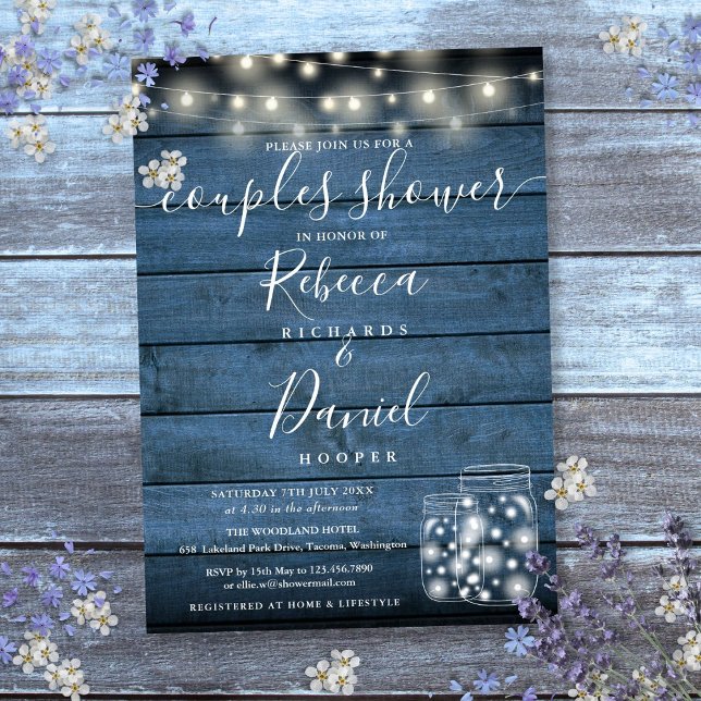 Invitation Lumières Guirlandes Pots Bleus Écriture Fête de Ma (String Lights Blue Jars Script Couples Shower Invitation)