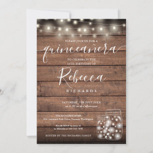 Invitation Lumières Guirlandes Pots Mason Écriture Quinceañer