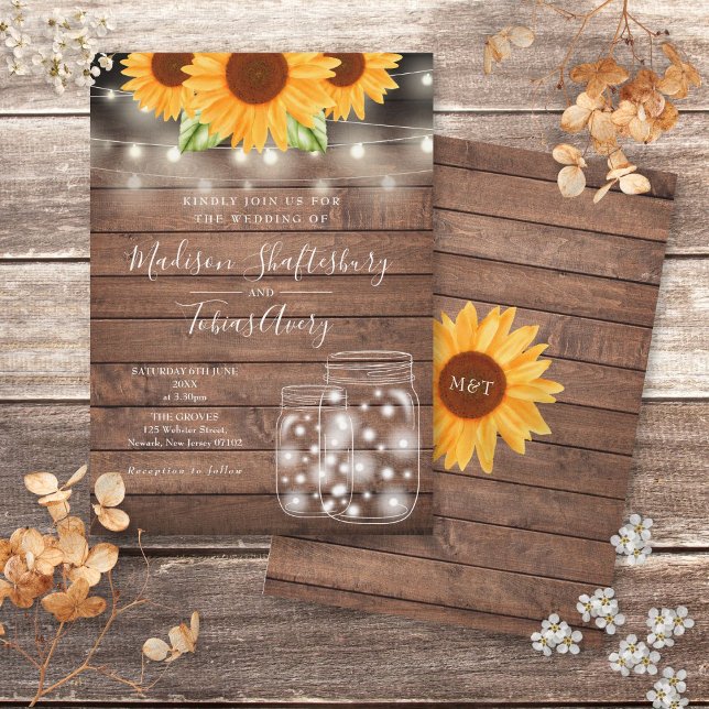 Invitation Lumières Guirlandes Rustiques Pot Mason Tournesols (Rustic String Lights Mason Jar Sunflowers Wedding Invitation)