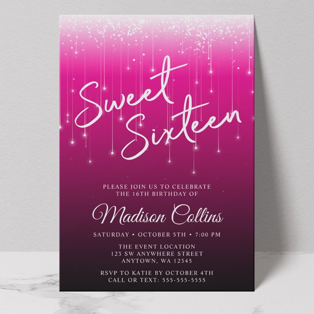 Invitation Lumières Modernes Rose Noir Sweet 16 (Créateur téléchargé)