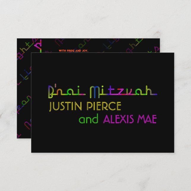 Invitation Lumières néons de PixDezines b'nai mitzvah (Devant / Derrière)