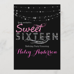 Invitation Lumières Pailletées Glamour SWEET 16 Fête Rose Noi