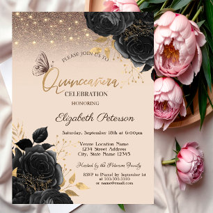 Invitation Lumières, papillons pailletés Roses noires 