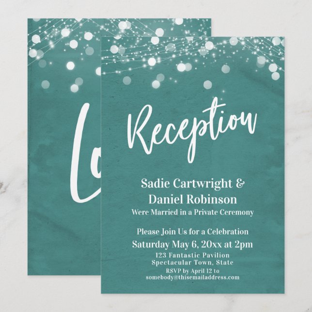 Invitation Lumières Réception de Mariage Texturée Teal unique (Devant / Derrière)