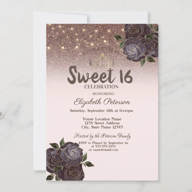 Invitation Lumières, Roses Chic Paillettes Douces 16 Ans (Devant)