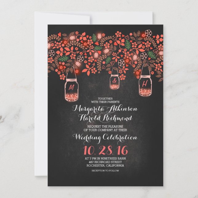 Invitation lumières rouges roses mâchoires bocaux mariage de  (Devant)