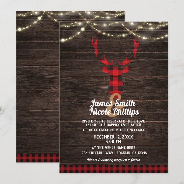 Invitation Lumières rustiques à carreaux et bois de cerf avec (Devant / Derrière)