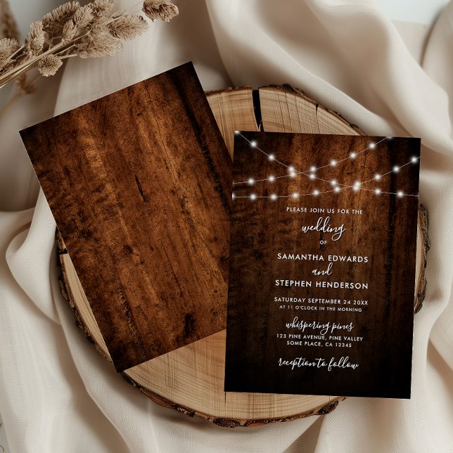 Invitation Lumières rustiques à fils et mariage en bois (Créateur téléchargé)