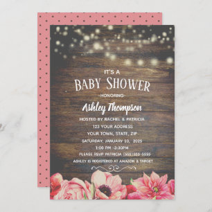 Invitation Lumières rustiques Baby shower rose et Brown