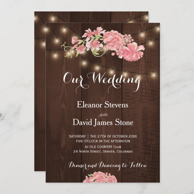 Invitation Lumières rustiques chic peony peonn grange mariage (Devant / Derrière)