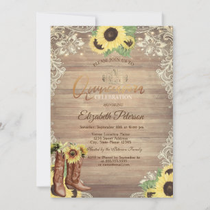 Invitation Lumières rustiques, dentelle, bottes Tournesols Qu