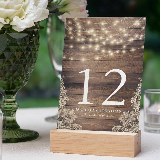 Invitation Lumières Rustiques en Bois et Guirlandes | Numéro  (Rustic Wood & String Lights | Lace Table Number)