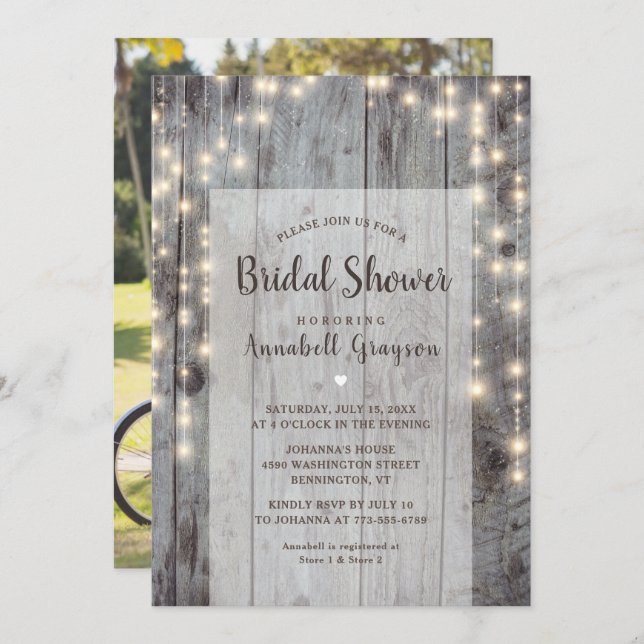 Invitation Lumières rustiques Fête des mariées photo en bois (Devant / Derrière)