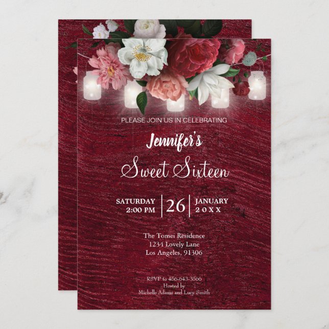 Invitation Lumières Rustiques Floral Sweet 16 Anniversaire In (Devant / Derrière)